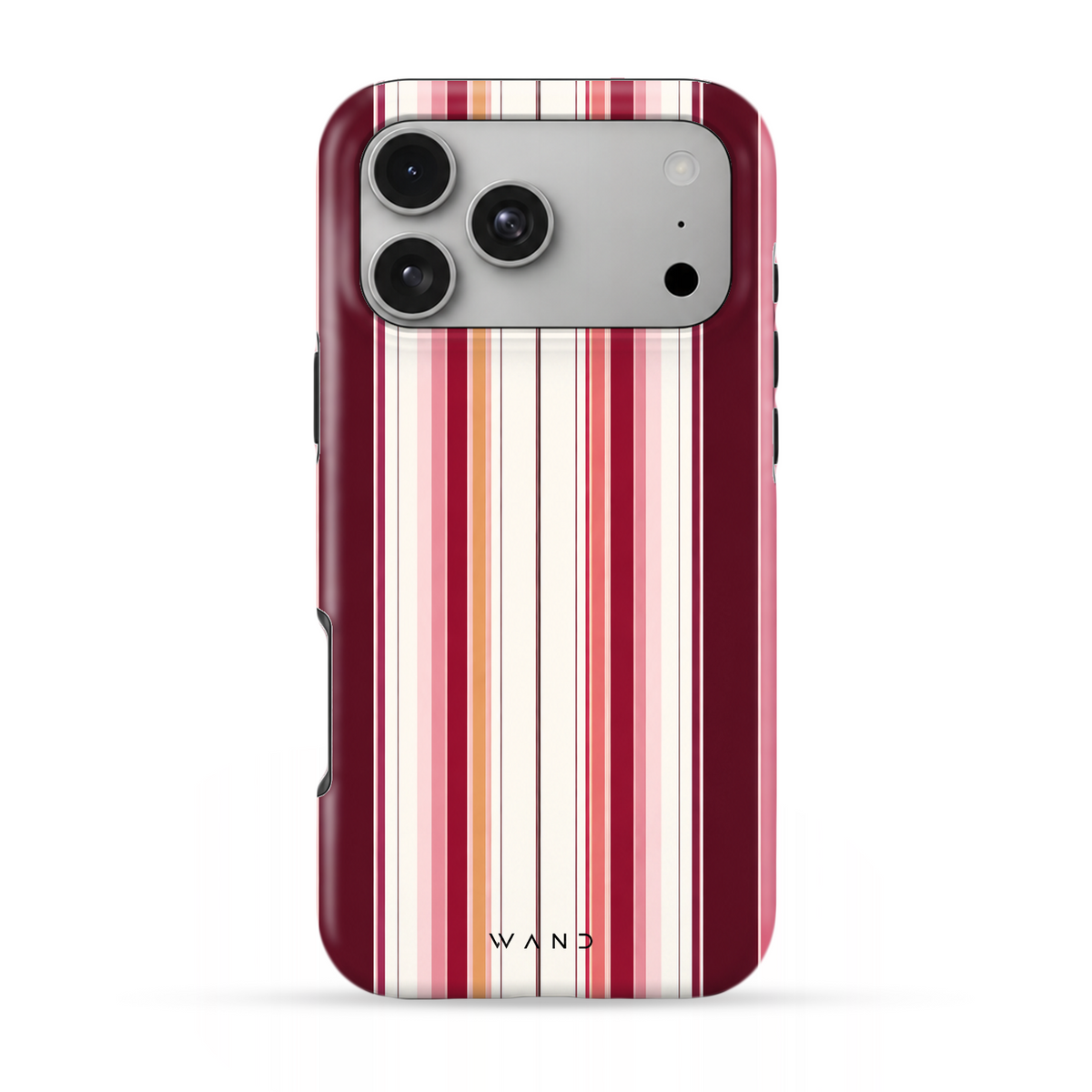 Bistro Stripe iPhone case with burgundy, pink and cream vertical stripes, back view