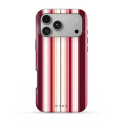 Bistro Stripe iPhone case with burgundy, pink and cream vertical stripes, back view