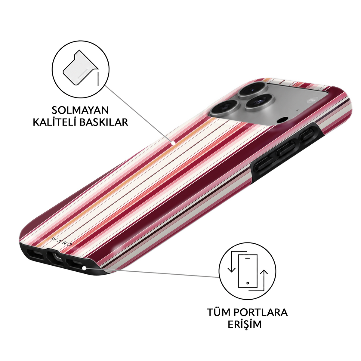 Bistro Stripe iPhone case – angled view showing the fade-resistant print and full port access