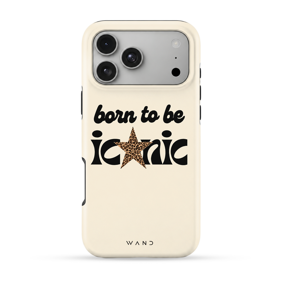 Born Iconic iPhone case with "born to be iconic" lettering and a leopard star on cream, back view