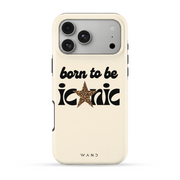 Born Iconic iPhone case with "born to be iconic" lettering and a leopard star on cream, back view