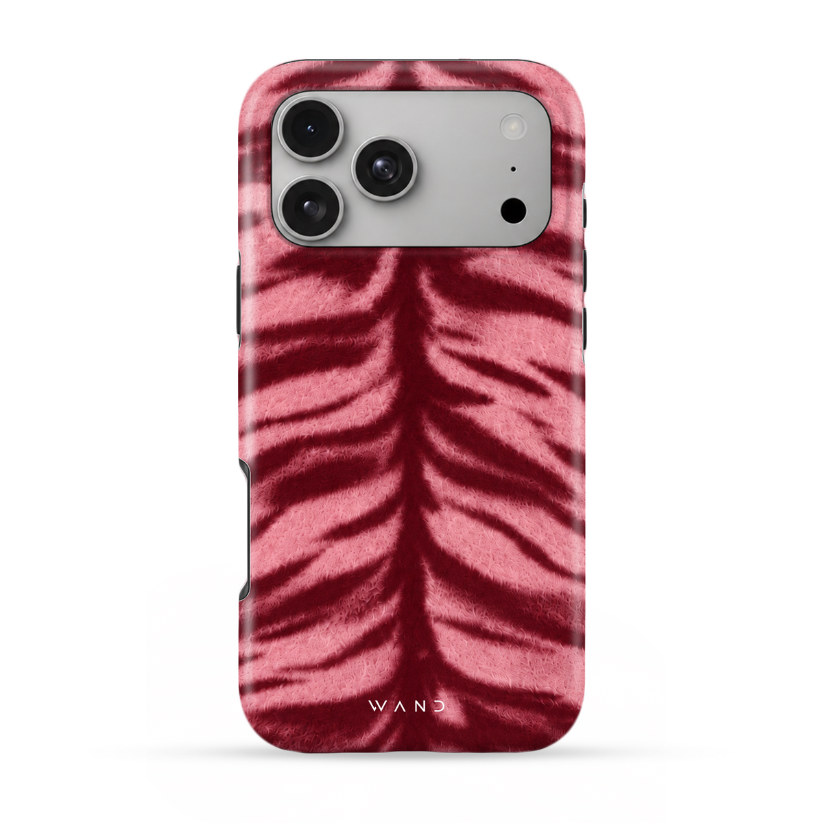Dress Code iPhone case with a pink and burgundy tiger-stripe print, back view
