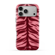 Dress Code iPhone case with a pink and burgundy tiger-stripe print, back view