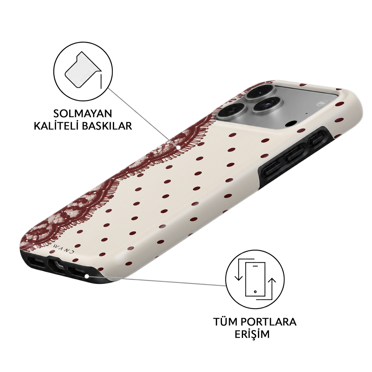 Love Letter iPhone case – angled view showing the fade-resistant print and full port access