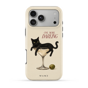 One More Darling iPhone case with a black cat lounging in a martini glass on cream, back view