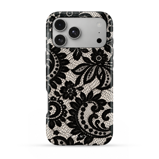 Opera iPhone case with all-over black lace on cream, back view