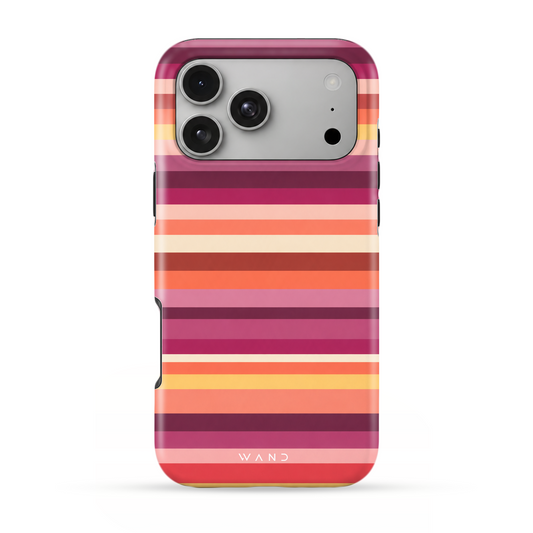 Paloma Stripe iPhone case with pink, orange and berry horizontal stripes, back view