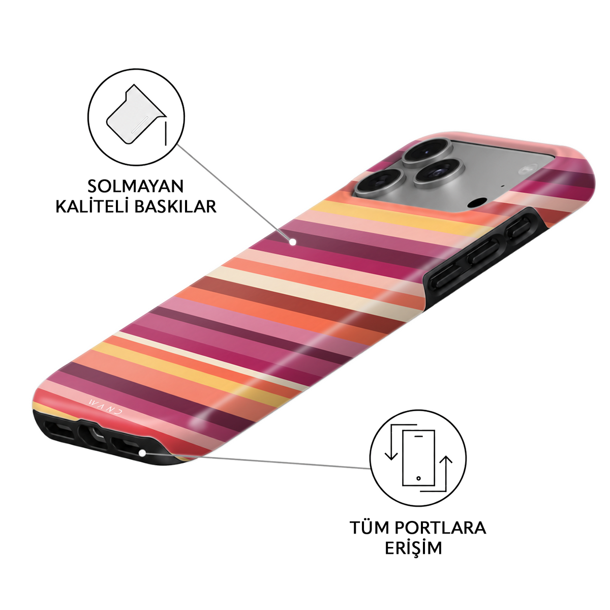 Paloma Stripe iPhone case – angled view showing the fade-resistant print and full port access