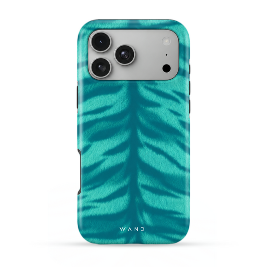 Poolside Gossip iPhone case with a turquoise tiger-stripe print, back view
