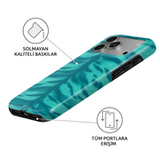 Poolside Gossip iPhone case – angled view showing the fade-resistant print and full port access