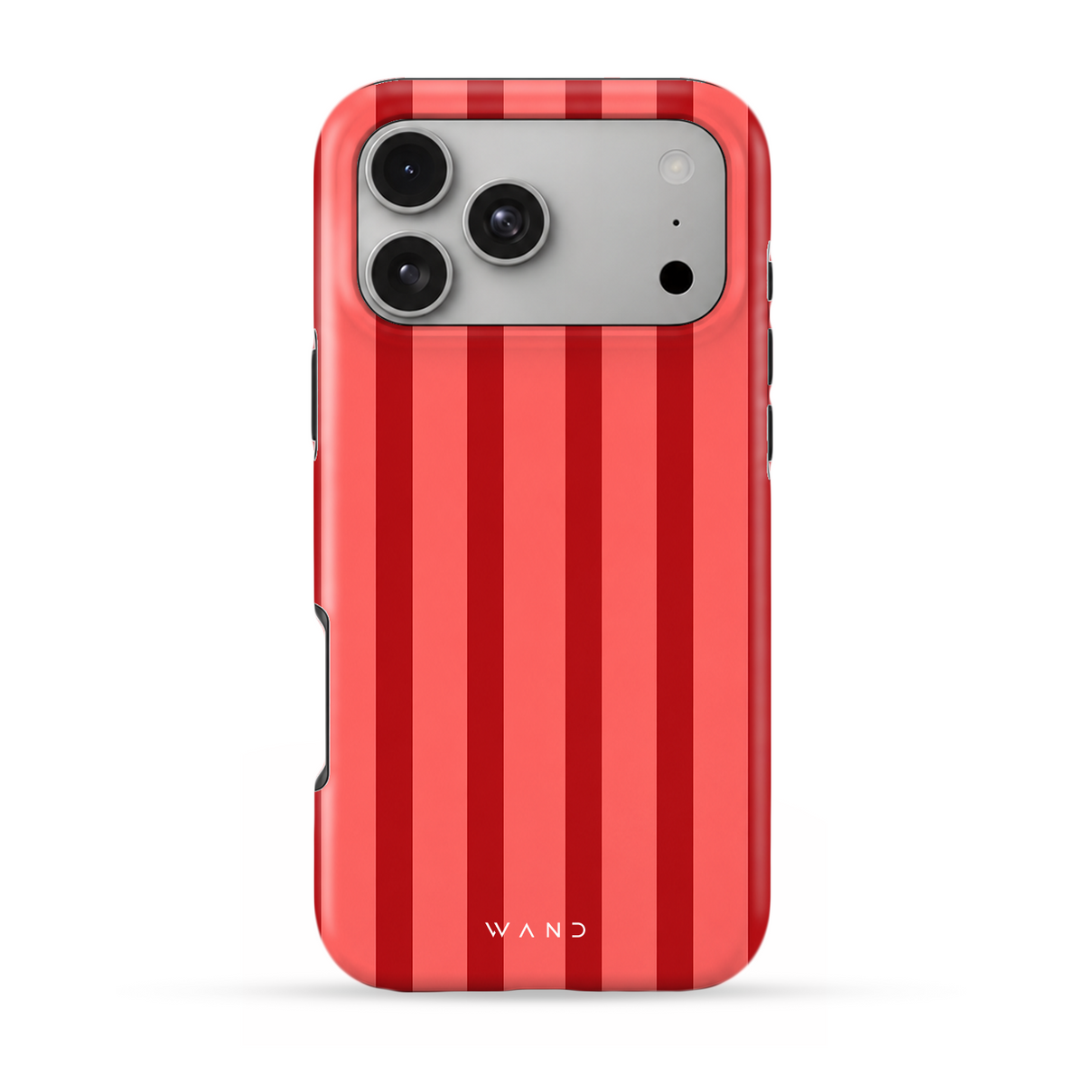 Red Stripe iPhone case with bold red and coral vertical stripes, back view