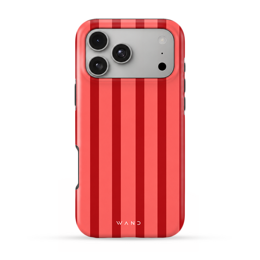 Red Stripe iPhone case with bold red and coral vertical stripes, back view