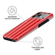 Red Stripe iPhone case – angled view showing the fade-resistant print and full port access