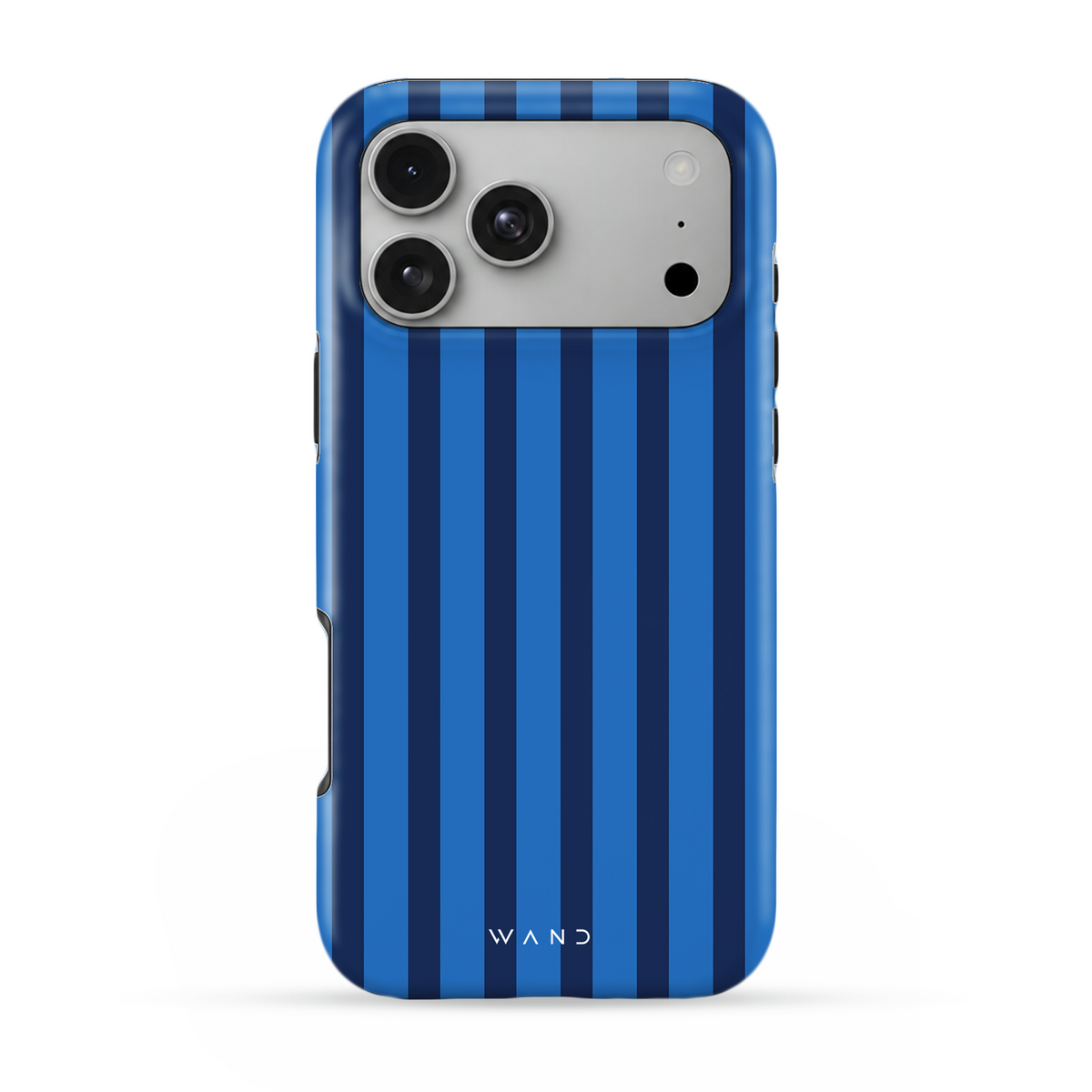Riviera Blue iPhone case with royal blue and navy vertical stripes, back view