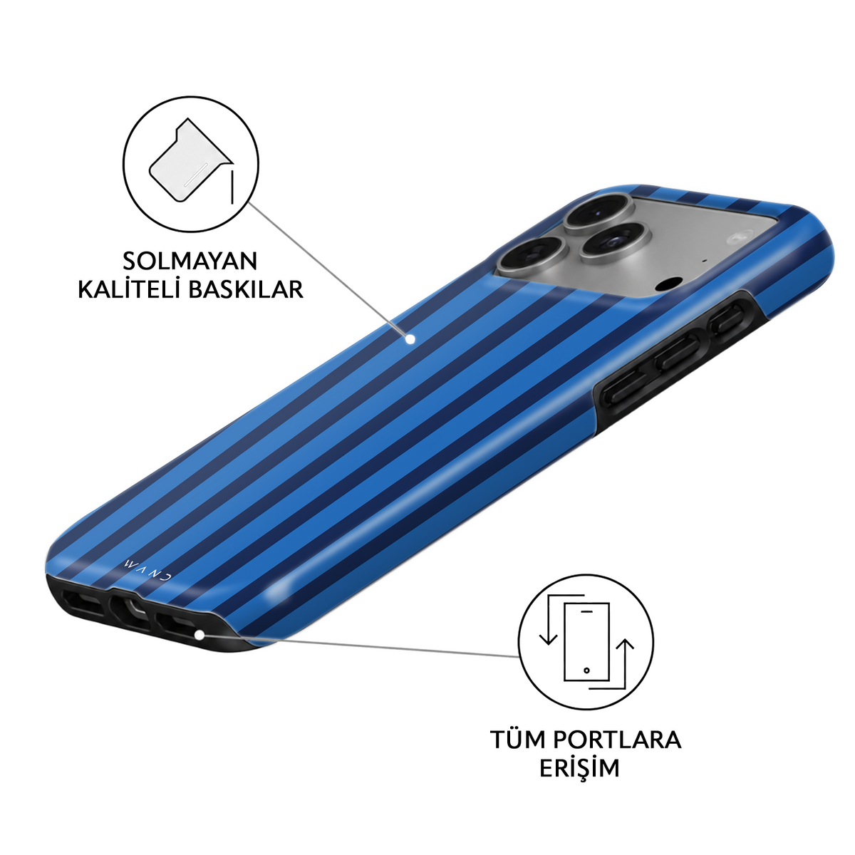 Riviera Blue iPhone case – angled view showing the fade-resistant print and full port access