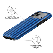 Riviera Blue iPhone case – angled view showing the fade-resistant print and full port access