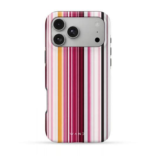 Rosé Mix iPhone case with pink, burgundy and orange vertical stripes, back view