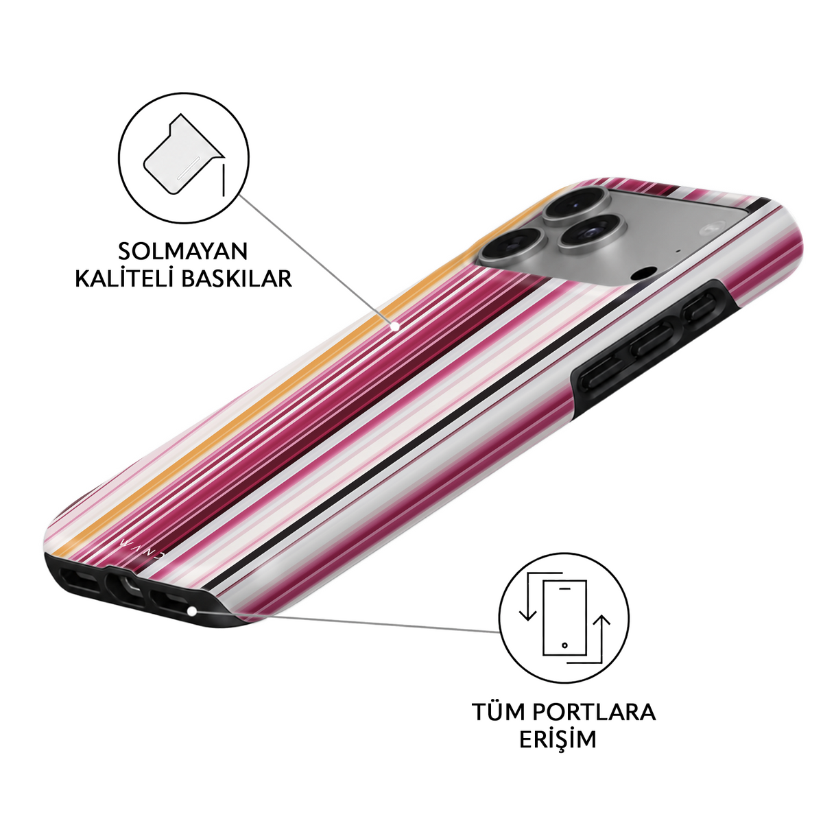 Rosé Mix iPhone case – angled view showing the fade-resistant print and full port access