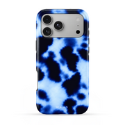 Skyler iPhone case with a blue tortoiseshell-style spotted print, back view
