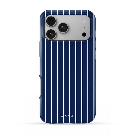 Sunday Suit iPhone case with a navy pinstripe pattern, back view