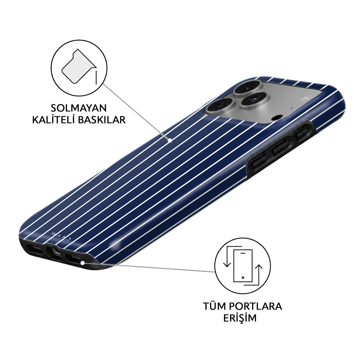 Sunday Suit iPhone case – angled view showing the fade-resistant print and full port access