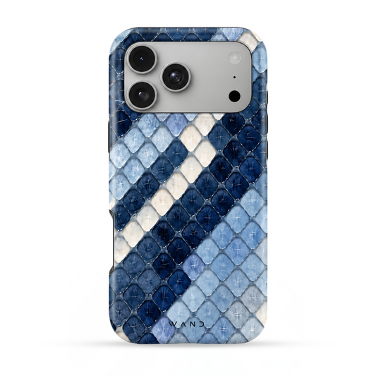 Venom Ice iPhone case with a blue and white snakeskin print, back view