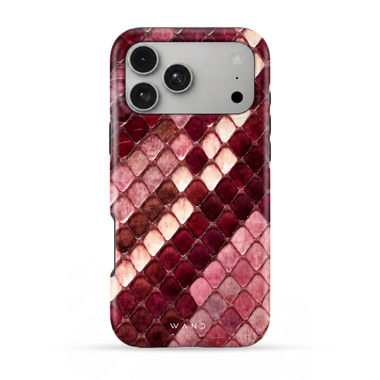 Venom Kiss iPhone case with a burgundy and pink snakeskin print, back view
